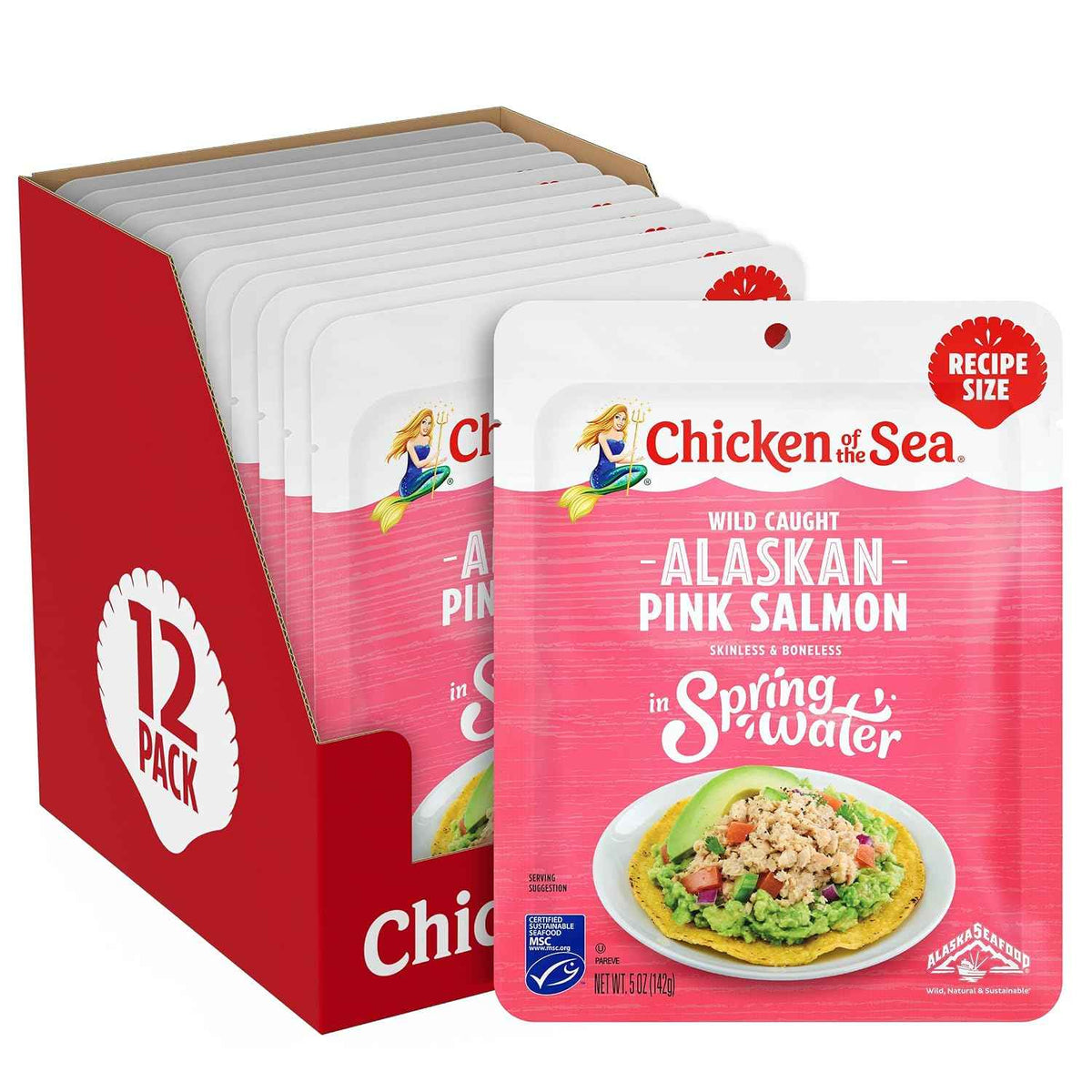 Chicken of the Sea Alaskan Pink Salmon in Spring Water, 5 Ounce Packets (Pack of 12), Wild Caught Salmon, Skinless & Boneless