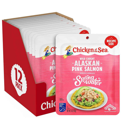 Chicken of the Sea Alaskan Pink Salmon in Spring Water, 5 Ounce Packets (Pack of 12), Wild Caught Salmon, Skinless & Boneless