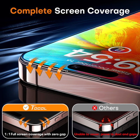 TOCOL for iPhone 16 Pro Screen Protector, [9H Hardness] [Military Grade Shatterproof] HD Tempered Glass for iPhone 16 Pro Full Coverage Screen Protector, Easy Installation, 2 Pack