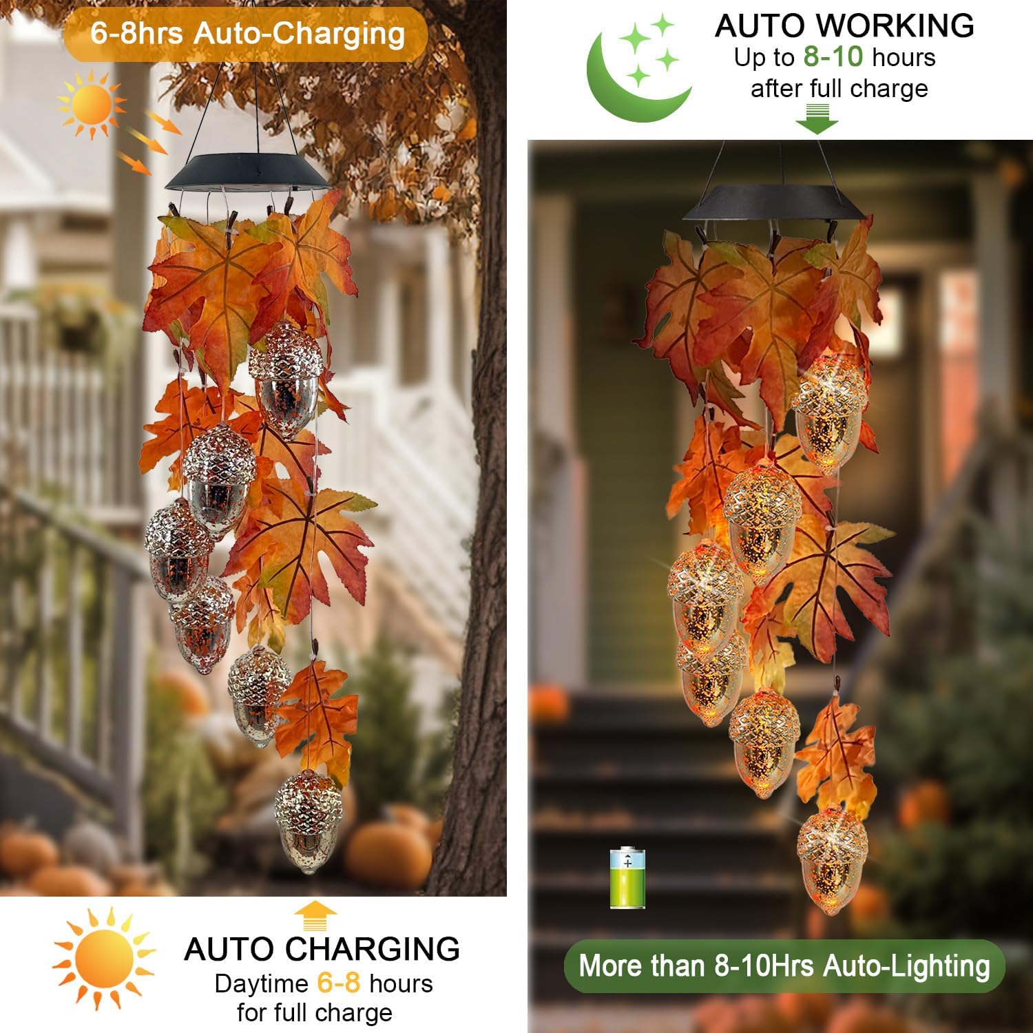 Solar Acorns Wind Chimes for Outside,Oak Leaves Danglers Mobile Lights