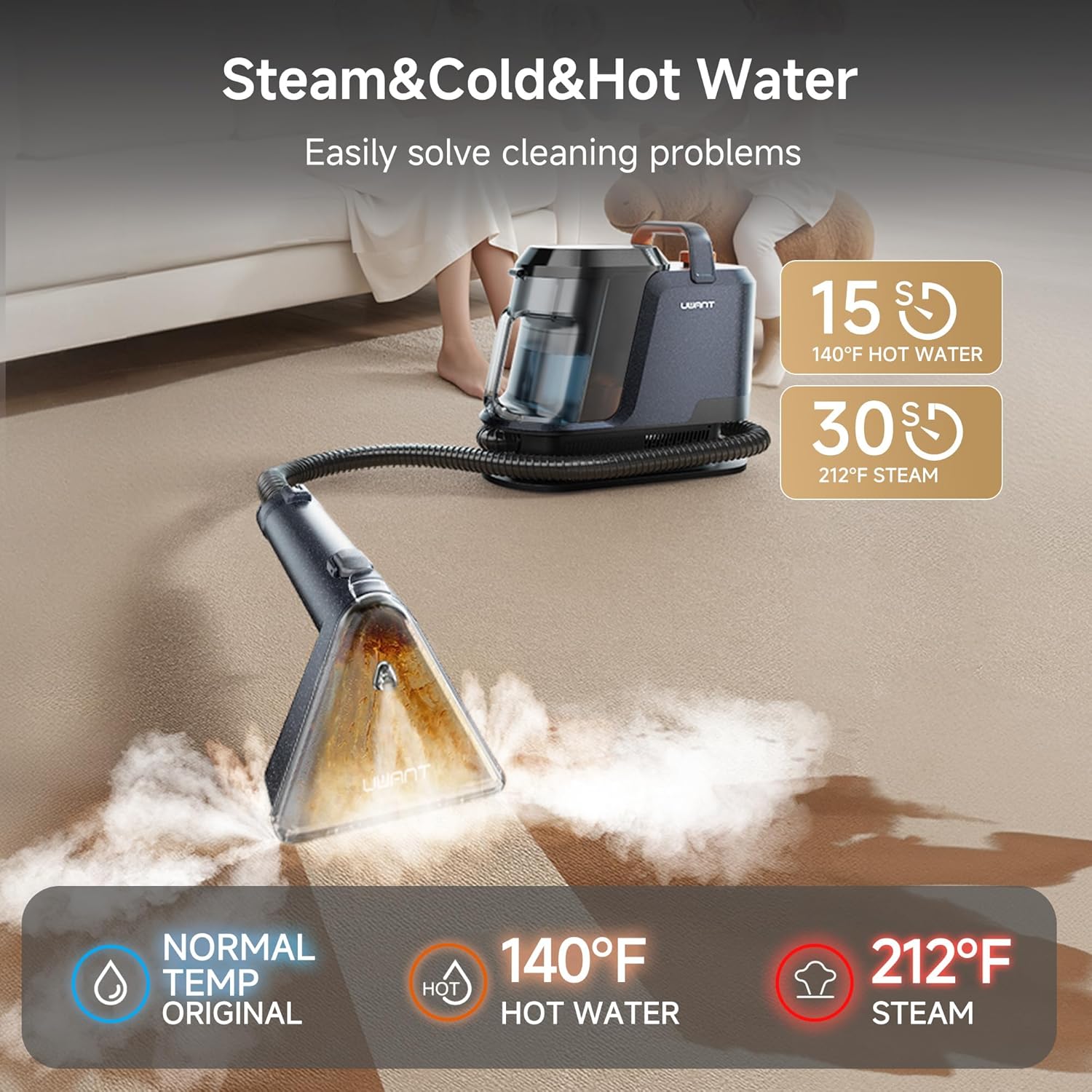 Uwant Carpet Cleaner Machine with Steam&Hot&Cold Water Models 18Kpa Powerful Suction Upholstery Cleaner Machine with Pet Pro Cleaner for Pets, Carpet Steam Cleaner Set of 1