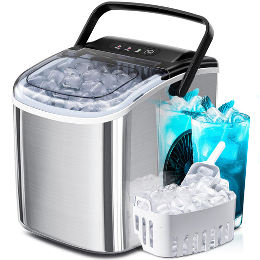 Portable Ice Maker Machine with Handle, 27lbs/24Hrs, 6Mins/9 Ice Cubes, Self-Cleaning with Basket/Scoop, Countertop Ice Makers for Home/Kitchen/Office(Stainless steesl)