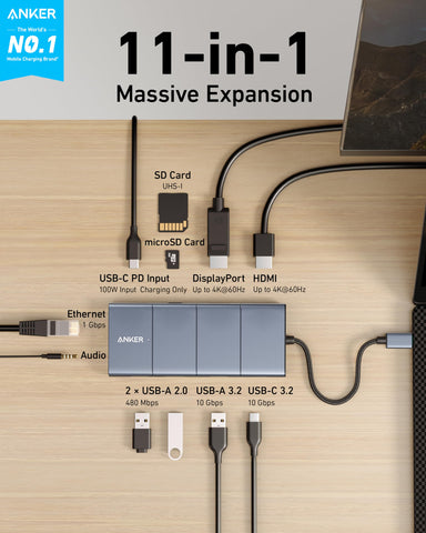 Anker USB C Hub, 565 11-in-1 Laptop Docking station, Dual Monitor Docking Station with 10 Gbps Data Port, 4K HDMI and DisplayPort, 100W Power Delivery, 1 Gbps Ethernet, SD Card Reader for XPS and More