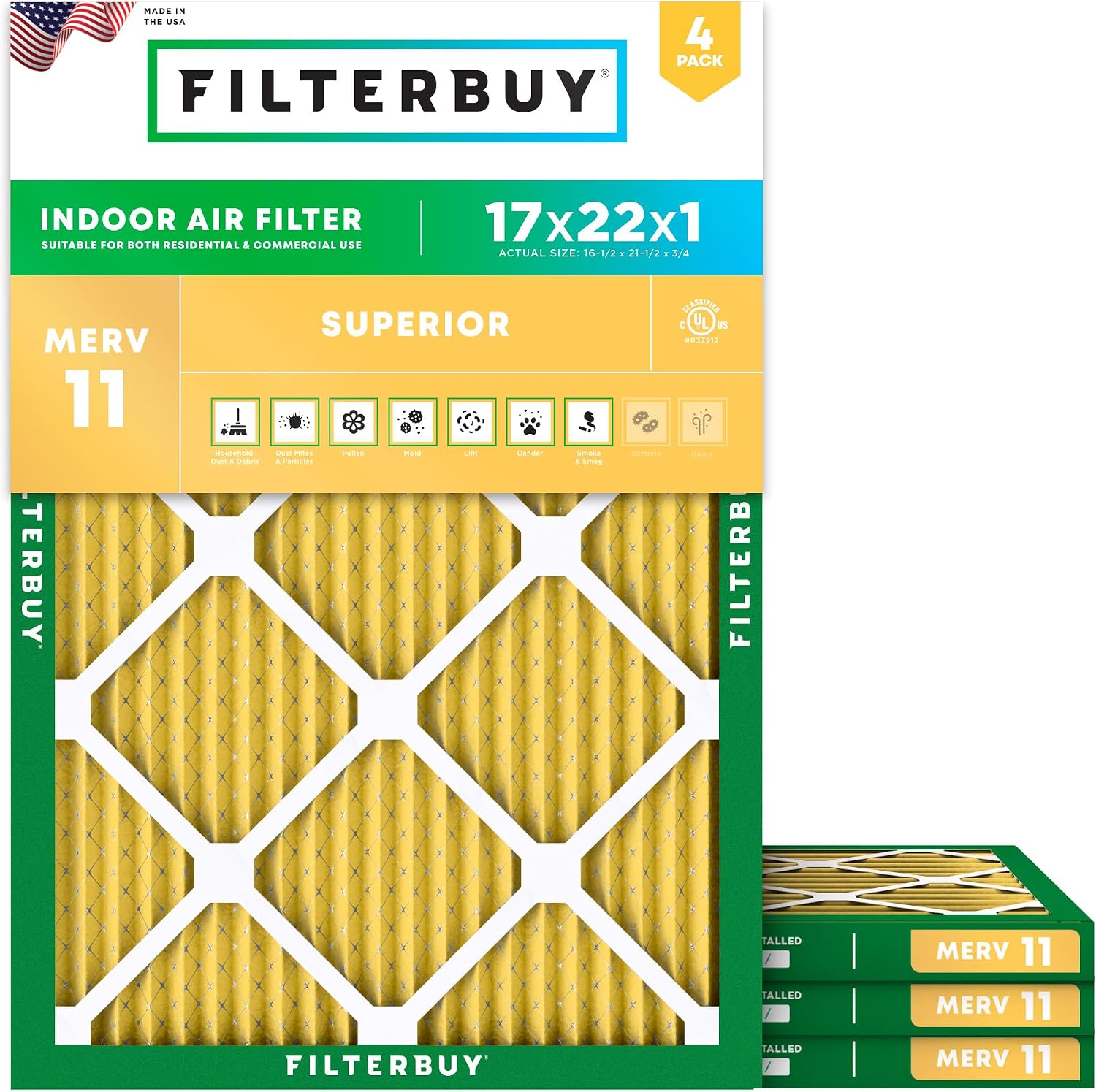 Filterbuy 17x22x1 Air Filter MERV 11 Pet & Allergy Defense (4-Pack)