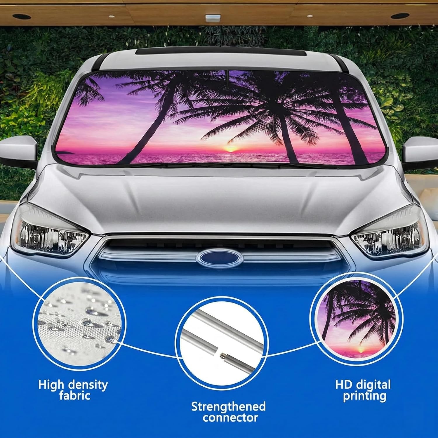 Car Windshield Sun Shade, Universal Fit Compact Sedan SUV, Vacation Style