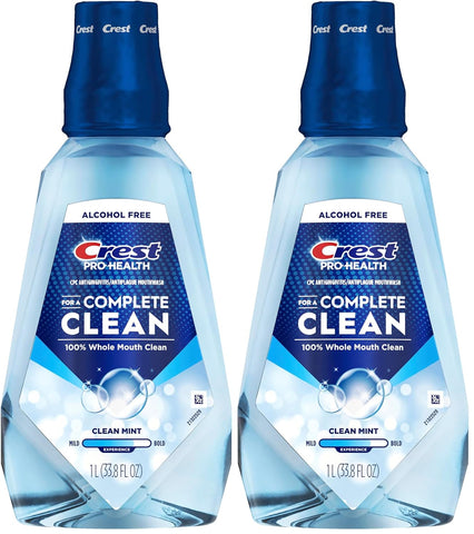 Crest Mouthwash Pro Health Complete Clean, CPC (cetylpyridinium Chloride) Antigingivitis/Antiplaque, Alcohol Free, Clean Mint, 1 L (33.8 fl oz) (Pack of 2)