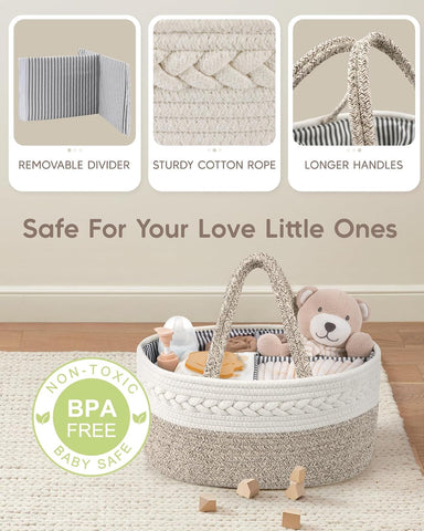 Maliton Baby Diaper Caddy Organizer, X-Large Cotton Rope, Rustic Style, Portable, 3 Compartments, A-Brown