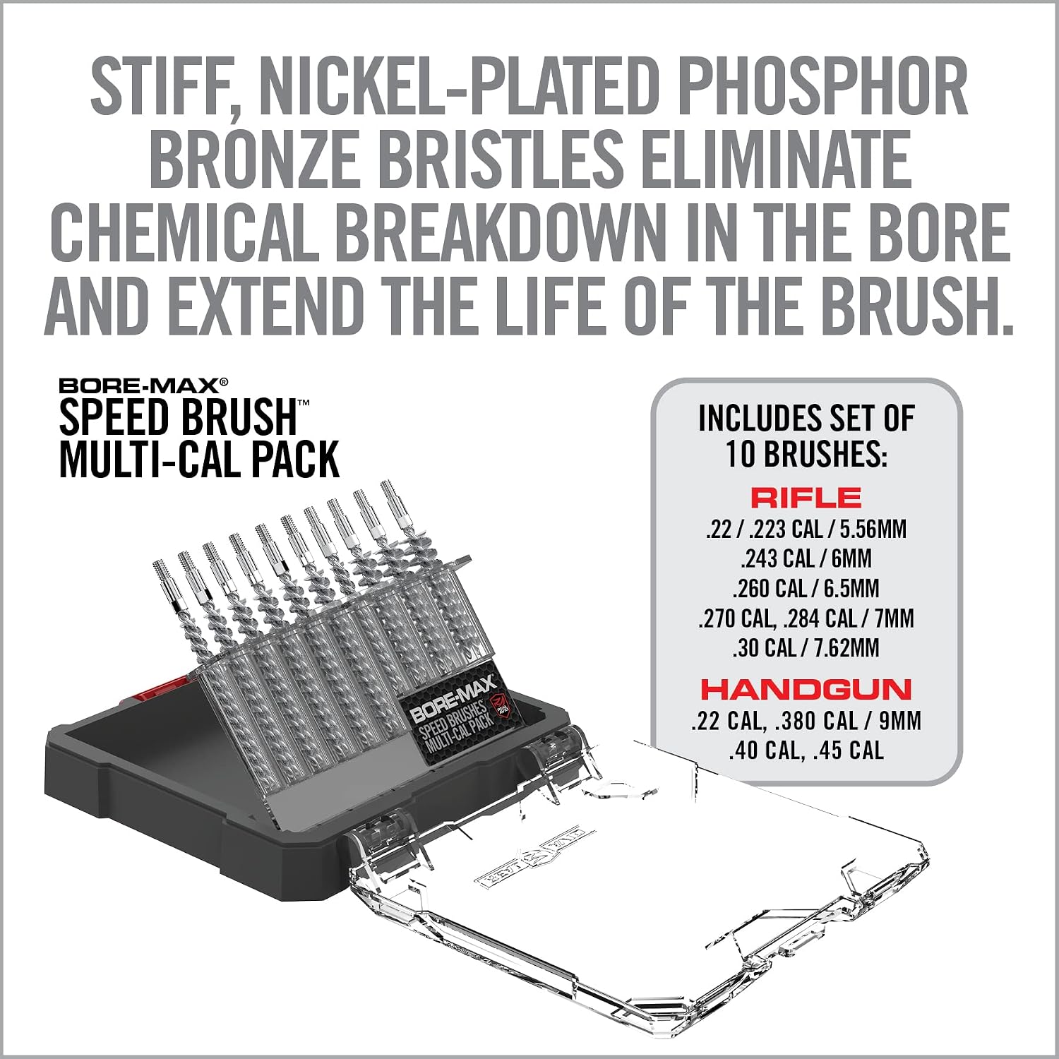 Real Avid Bore Max Speed Brush Multi Cal Pack – 10 Durable Nickel Plated Gun Cleaning Brushes Fits .22 .243 .270 .284 .30 Caliber Rifles and .22 .380 .40 .45 Caliber Handguns with 2X Bristle Density