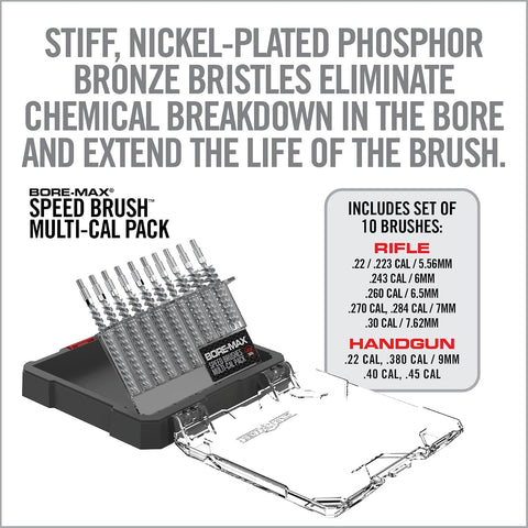 Real Avid Bore Max Speed Brush Multi Cal Pack – 10 Durable Nickel Plated Gun Cleaning Brushes Fits .22 .243 .270 .284 .30 Caliber Rifles and .22 .380 .40 .45 Caliber Handguns with 2X Bristle Density
