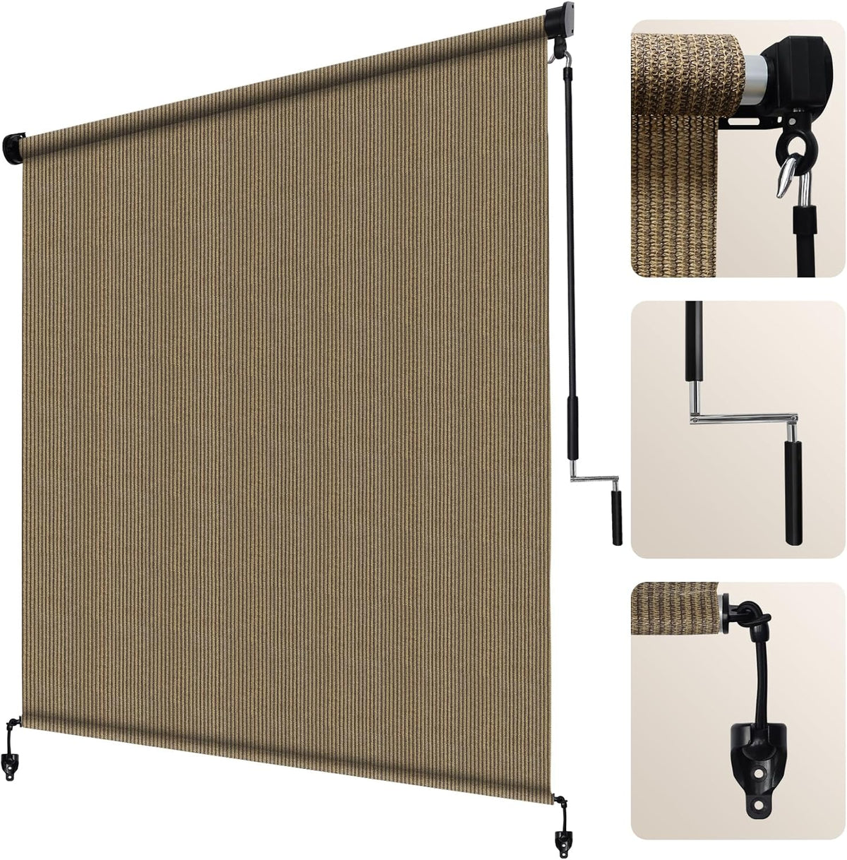 Artpuch Outdoor Roller Shade 6' W x 8' H, Walnut Exterior Cordless Patio Shades Roll Up Blinds with Spliced Pole Design, (2 Poles, One-Piece Fabric)