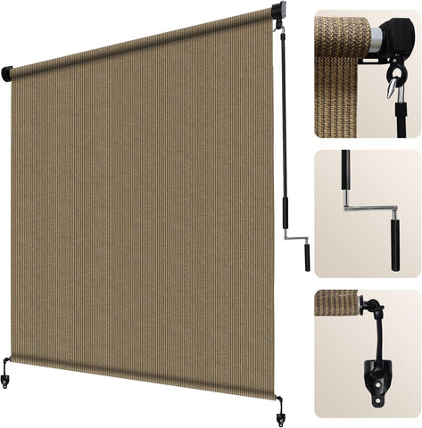 Artpuch Outdoor Roller Shade 6' W x 8' H, Walnut Exterior Cordless Patio Shades Roll Up Blinds with Spliced Pole Design, (2 Poles, One-Piece Fabric)