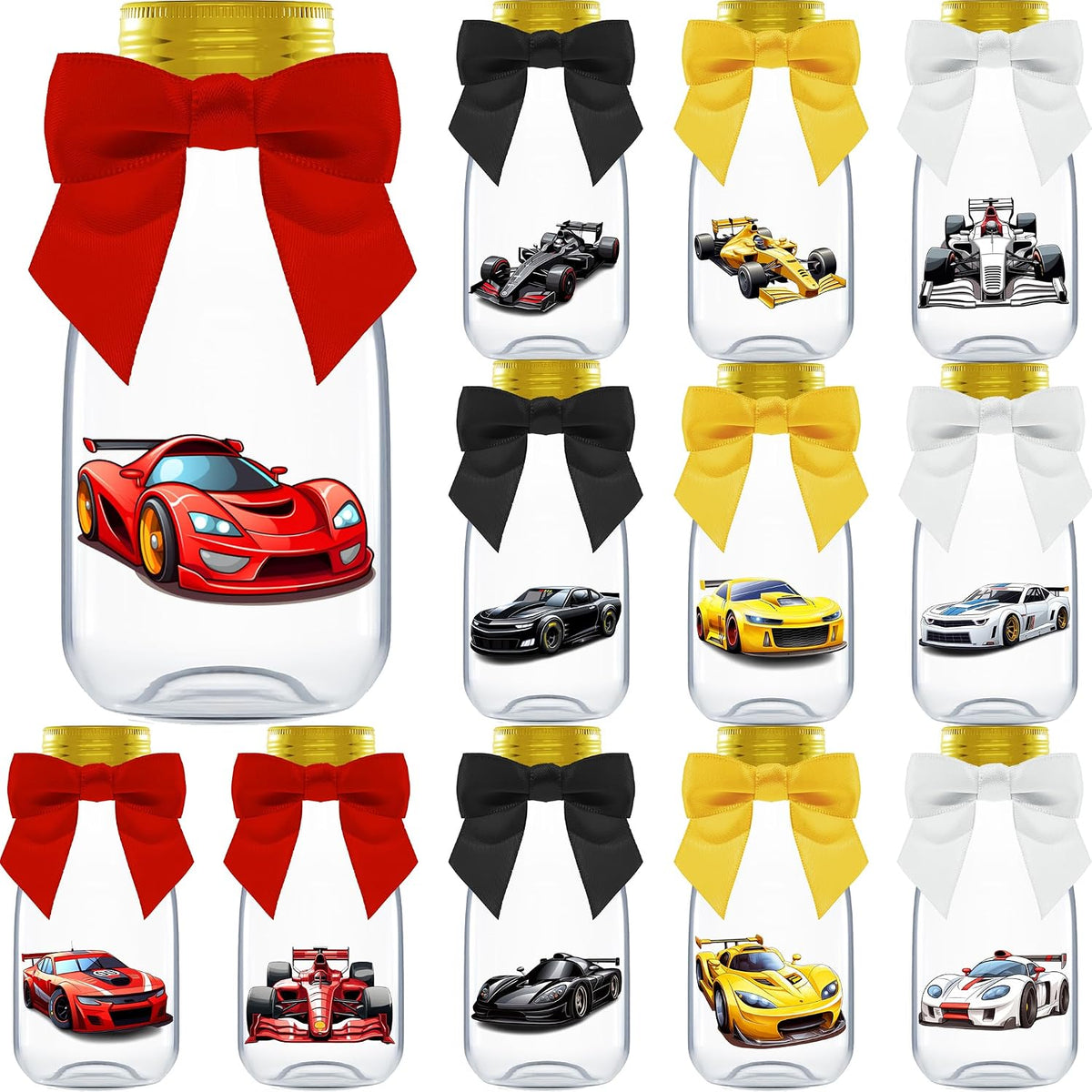 Ethisa Small 12 Pack Race Car Party Favors - DIY Candy Jars with Ribbons and Stickers - Party Decoration Bottles for Birthday and Baby Shower - Racecar Table Centerpieces