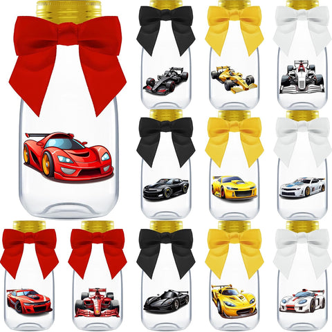 Ethisa Small 12 Pack Race Car Party Favors - DIY Candy Jars with Ribbons and Stickers - Party Decoration Bottles for Birthday and Baby Shower - Racecar Table Centerpieces