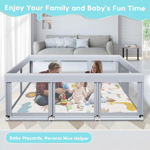 Fshibila 74" ×50" Large Baby Playpen, Baby Playard for Babies and Toddlers, Play Pens for Indoor & Outdoor, Sturdy Safety Play Yard with Soft Breathable Mesh, Anti-Fall, Grey (with MAT)