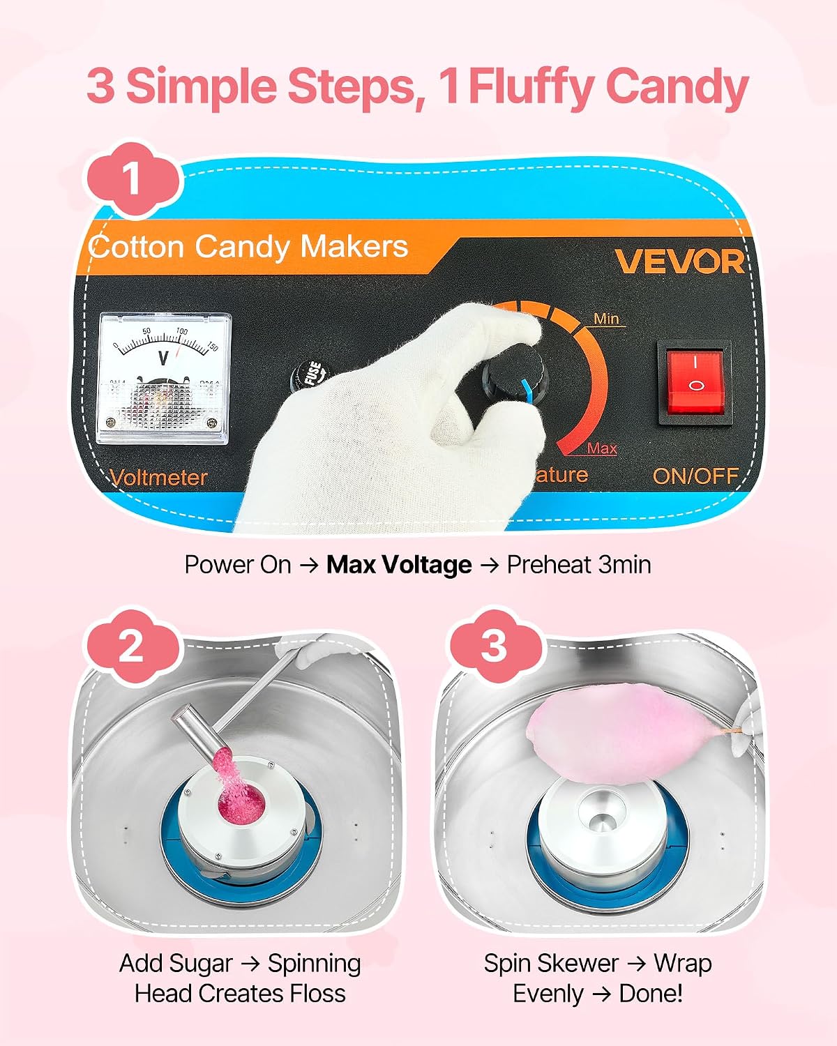 VEVOR Cotton Candy Machine Commercial, 1000W Electric Candy Floss Maker, Easy Use with 15 inch Stainless Steel Bowl and Sugar Scoop, Makes Hard Candy for Home Kids Birthday, Family Party, Blue