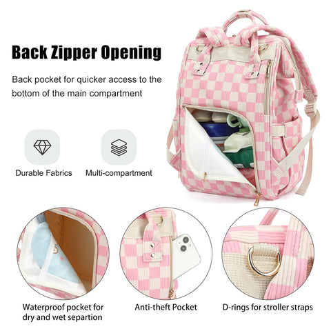 Baby Diaper Bag Backpack for Mom, Large Capacity Travel Nappy Bag for Boys & Girls with Stroller Straps (Corduroy Checkered Pink)