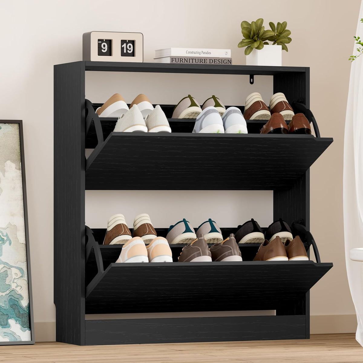 BORNOON Shoe Cabinet with 2 Flip Drawers, Slim Narrow Shoe Storage Cabinet, Freestanding Shoe Organizer with Adjustable & Removable Shelves, Top Display Shelf for Entryway, Hallway, Foyer, Closet