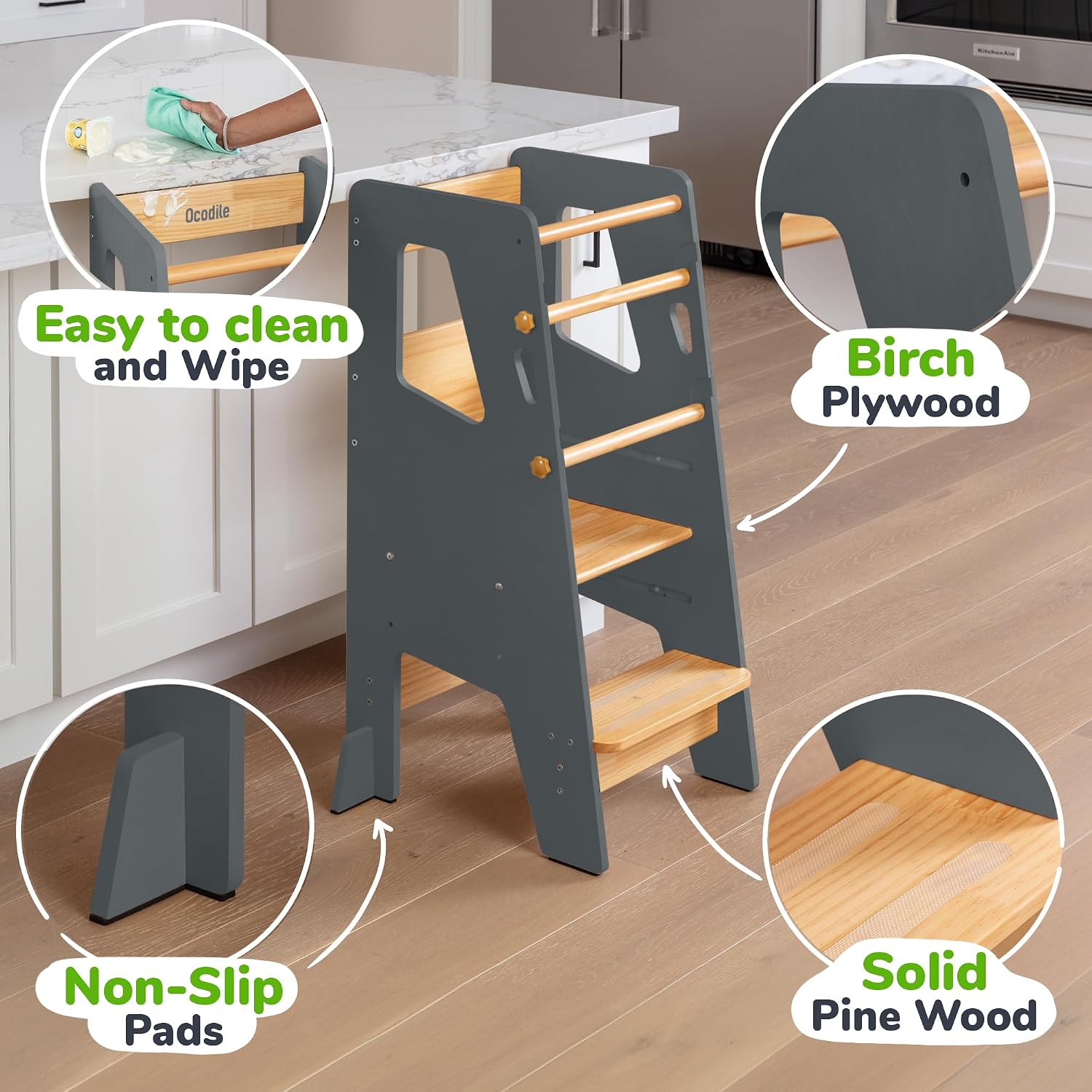 Toddler Standing Tower with 3 Safety Bars - Kitchen Stool Helper - Gray