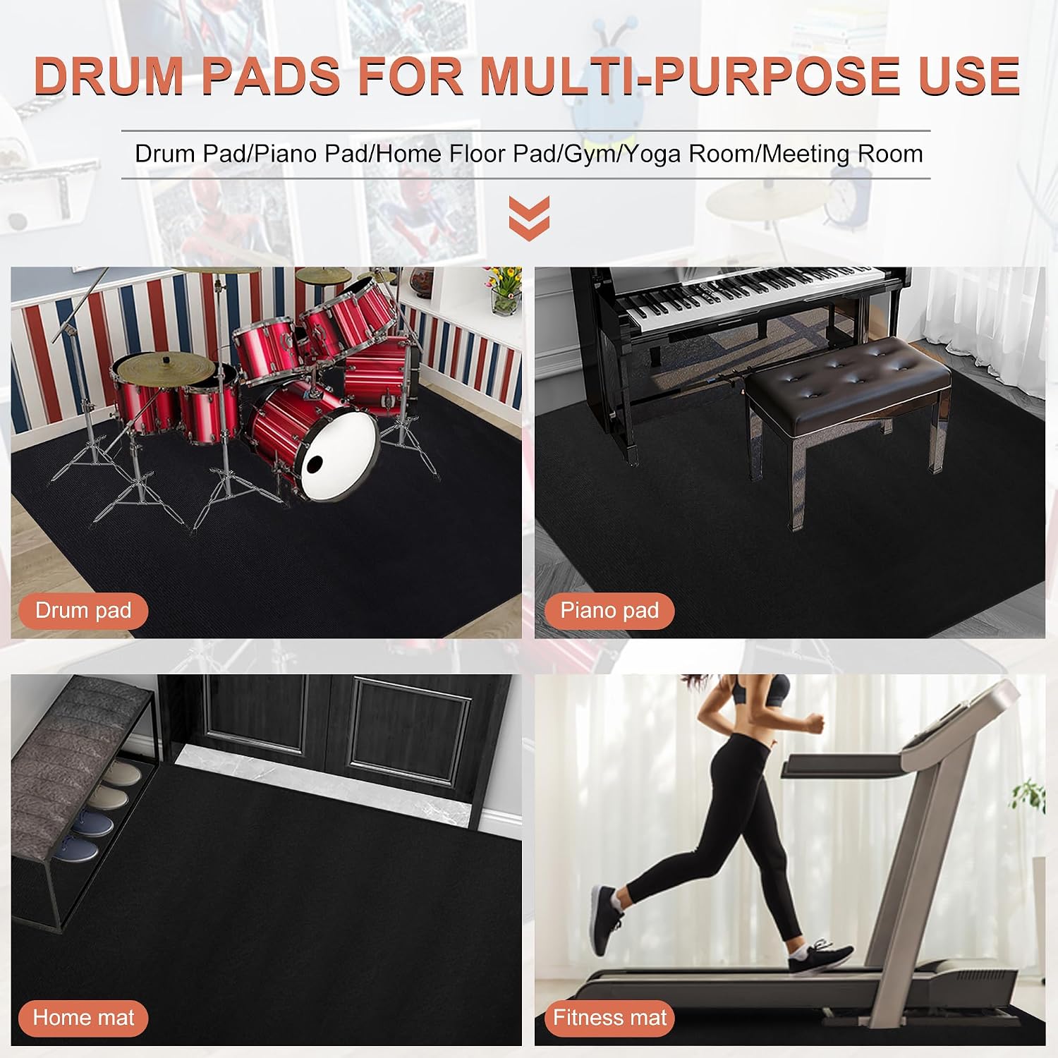 Drum Rug, 4 Ft x 4 Ft Drum Mat Carpet Music Rug with Non-Slip Bottom, Noise Reduction Electrical Pads for Drummers, Black