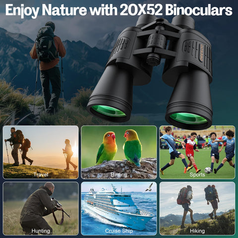 High Power Binoculars for Adults - 20x52 HD Large View Binoculars with Low Light - Professional Binoculars for Bird Watching Hunting Stargazing Football Travel Cruise Outdoor Sports with Carrying Bag