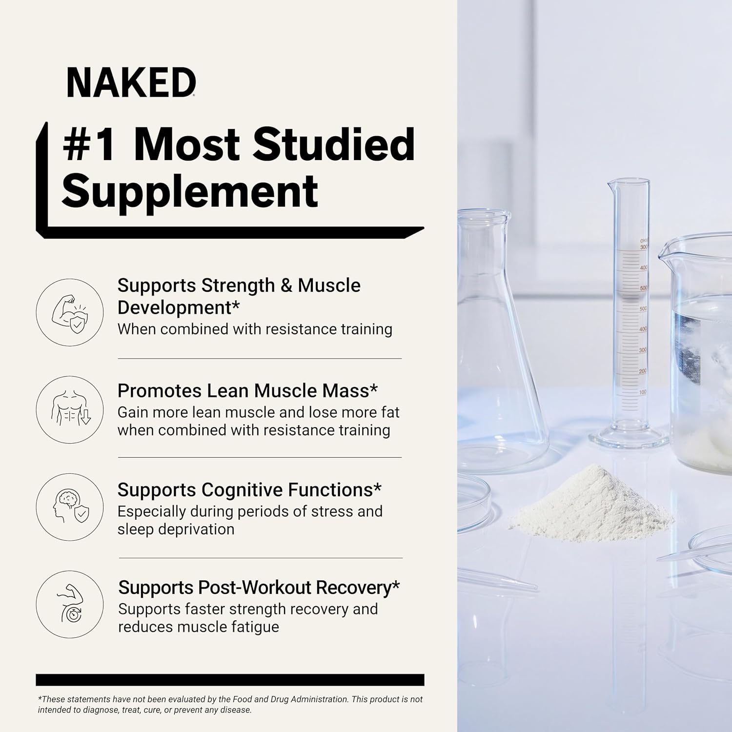 NAKED Pure Micronized Creatine Monohydrate Powder - NSF Certified, Unflavored, 500g, 1.1lb Bulk - Vegan, Non-GMO, Gluten-Free, Soy-Free, No Fillers, Supports Muscle Growth & Strength - 100 Servings