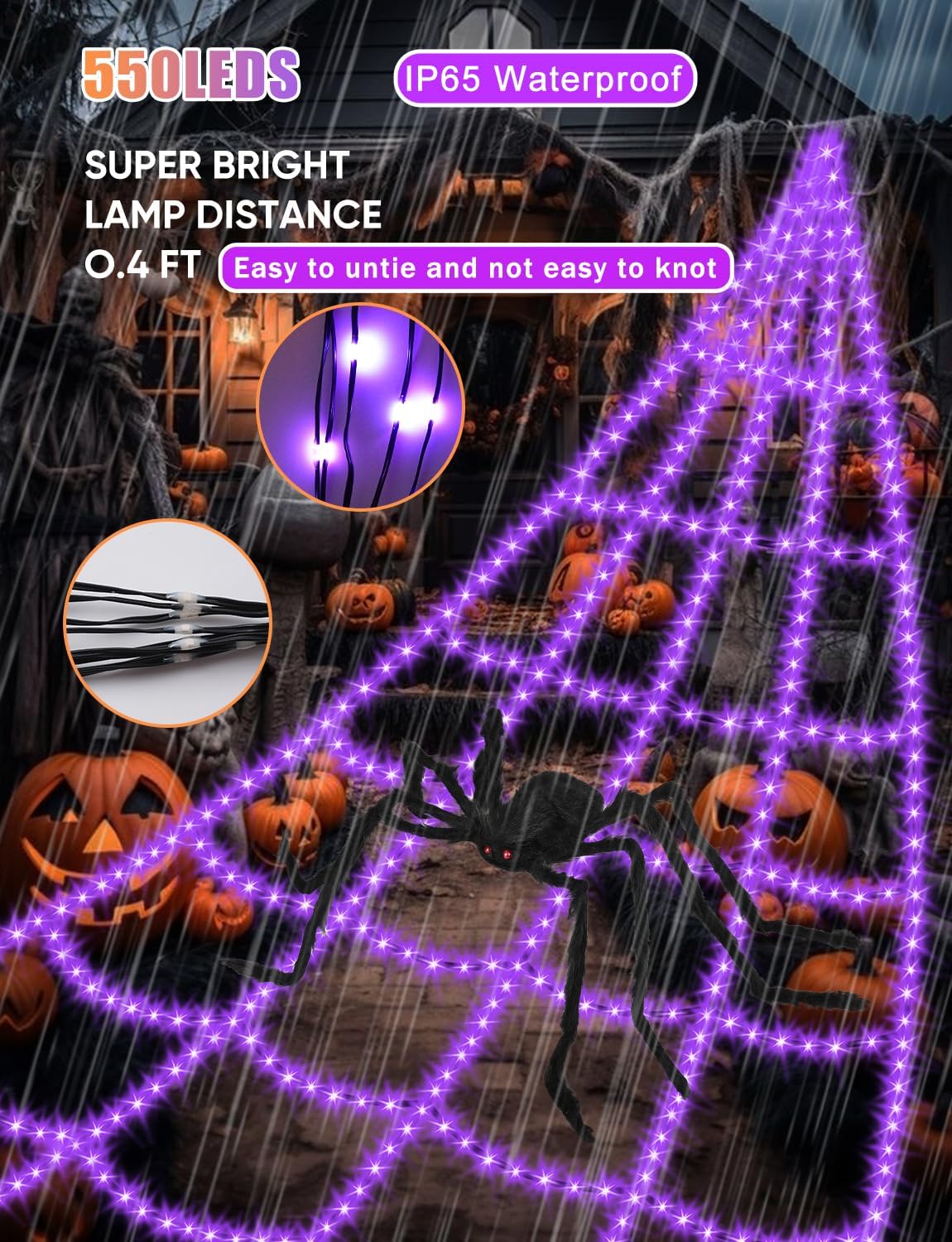Halloween Decorations Outdoor Spider Web Lights - 16.4Ft Light Up Spider Web with 550 LEDs, Waterproof, 8 Modes Memory Function for Outdoor Yard Halloween Decorations (with Spider)