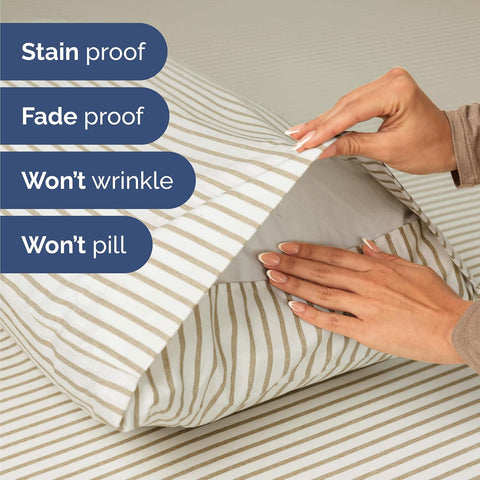 Queen Size 4 Piece Sheet Set - Breathable & Cooling Sheets - Beige Stripes
