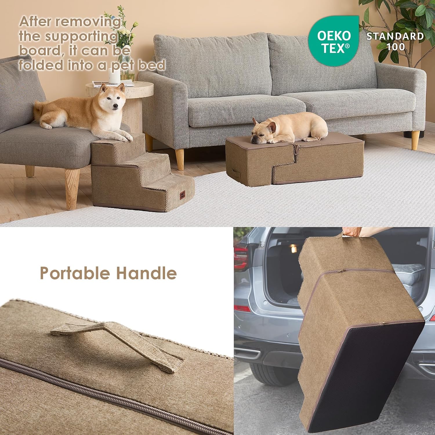 EHEYCIGA Dog Stairs for Bed 18" H, 4-Step Dog Steps for High Bed, Camel
