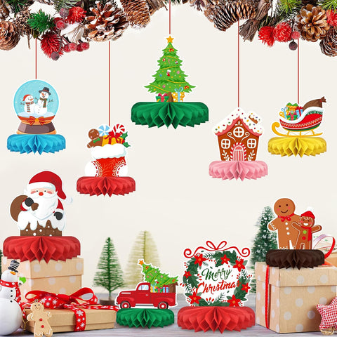 Merry Christmas Party Decorations Bundle - Includes Festive Christmas Honeycomb Centerpieces ，Santa Claus Snowman Table Toppers, Perfect for Classroom Decor, Christmas & Winter Birthday Party Supplies