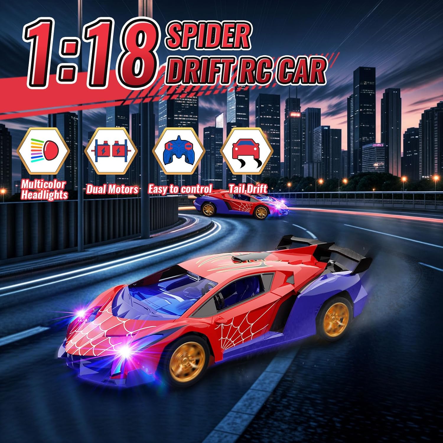 ZIROKAY Spider Remote Control Car with Multi-Color Flash Lights, Drift RC Cars, Spider Toys Gifts for 3 4 5 6 7 8 9 10 Year Old Boys Age 3-4 4-6 6-8 8-12 Christmas Birthday Gift, Toddler Kids Toy