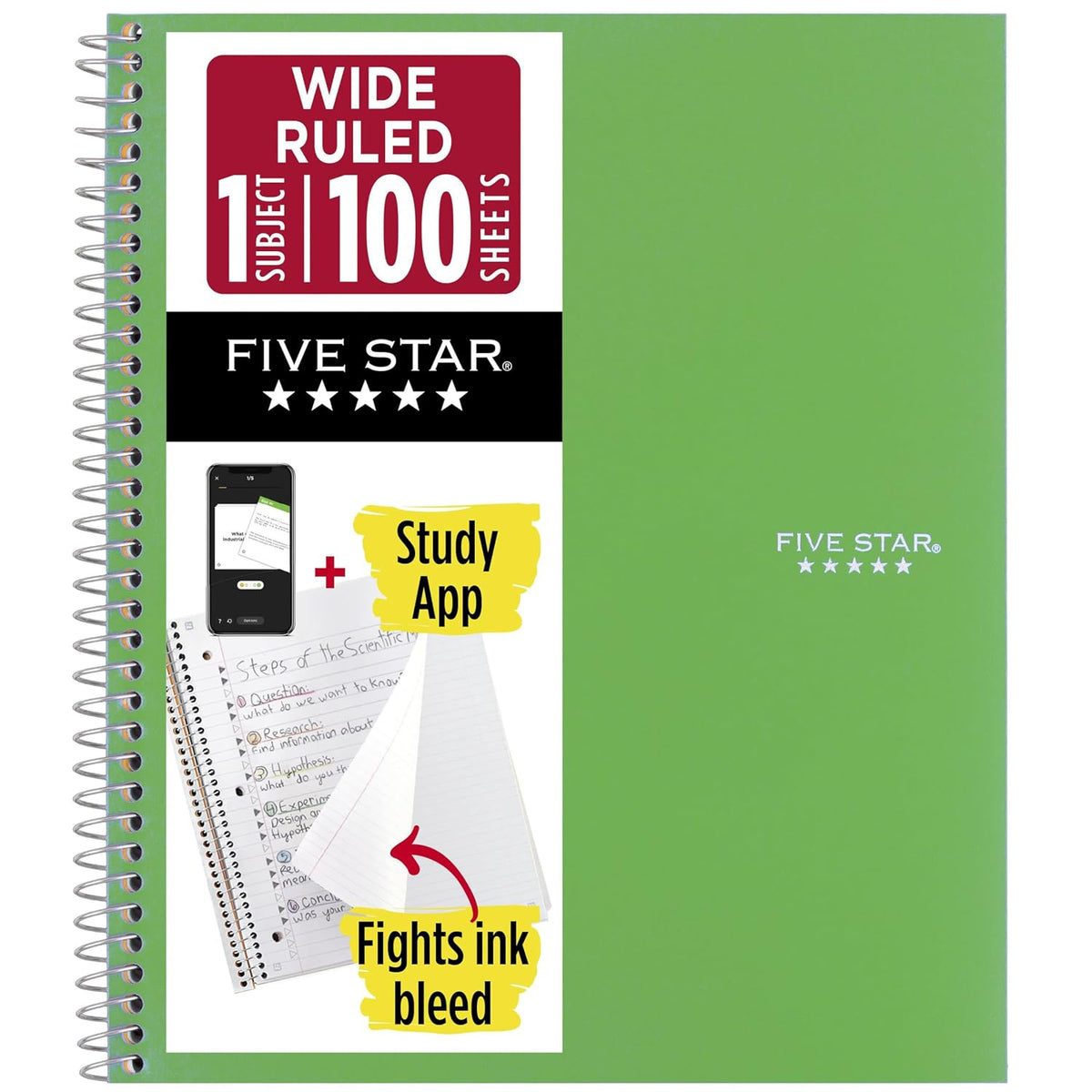 Five Star Spiral Notebook + Study App, 1 Subject, Wide Ruled Paper, 8" x 10-1/2", 100 Sheets, Fights Ink Bleed, Water Resistant Cover, White (72877)