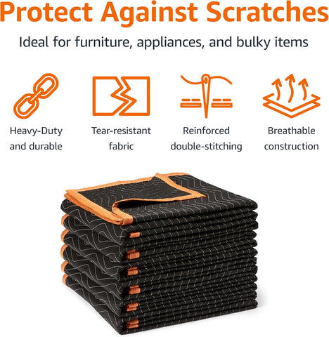 Amazon Basics Reinforced Tear-Resistant Moving Blankets, 72" x 40", Black, 6-Pack