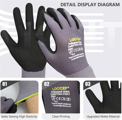 LOCCEF MicroFoam Nitrile Coated Safety Work Gloves