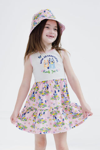 Bluey Floral Girls Dress and Bucket Sun Hat Toddler to Big Kid