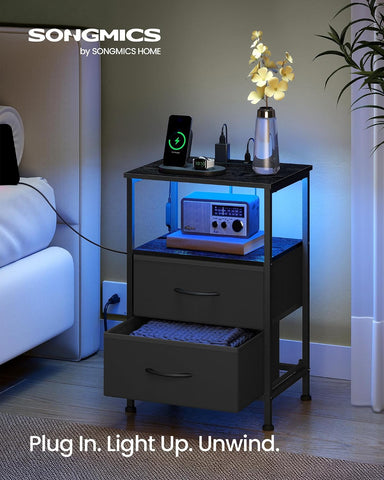 SONGMICS Nightstand with Charging Station, 2 Fabric Drawers