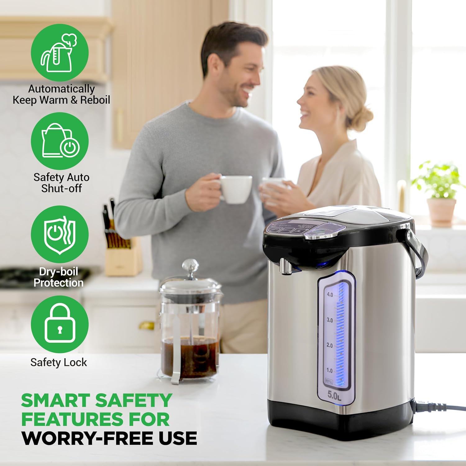 NutriChef Electric Water Boiler and Warmer - 5L/5.28 Qt Stainless Steel Hot Water Dispenser w/Rotating Base, Keep Warm Temperature Set, Auto Shut Off, Safety Lock, Instant Heating for Coffee & Tea