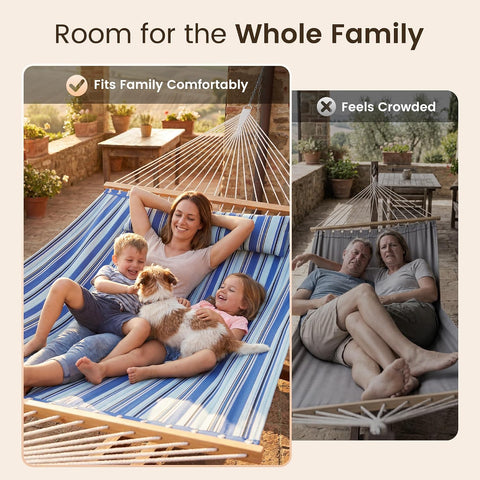 Everyfun 2 Person Quilted Hammock with Spreader Bar, 500lbs Capacity, Blue