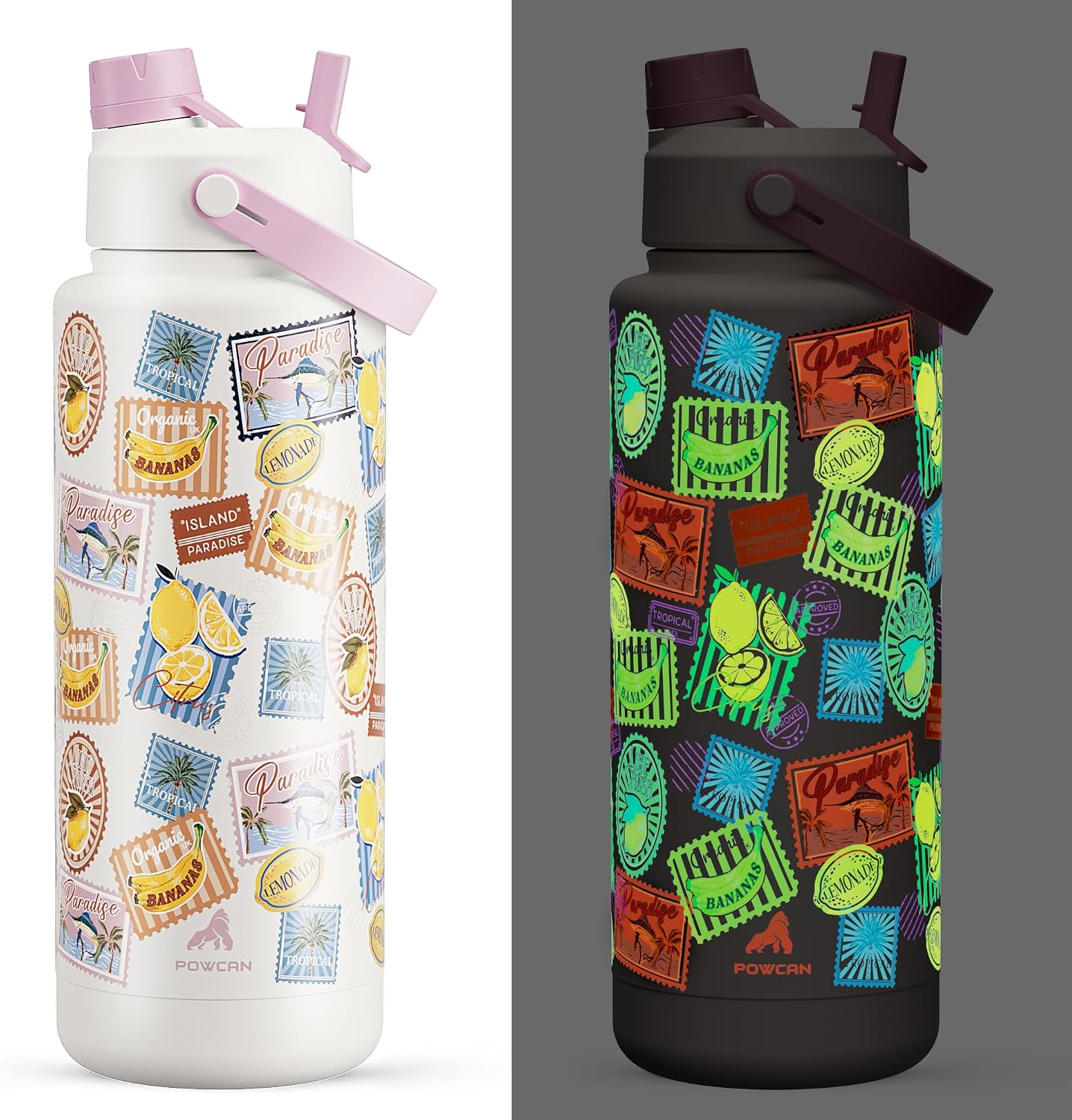 POWCAN 40 oz Insulated Water Bottle with 2-in-1 Straw and Spout Lid, Glow-in-the-Dark, 24H Cold, Leakproof, BPA-Free, Double Wall Stainless Steel for Sports, Gym, Travel, and School (Island Post Co.)