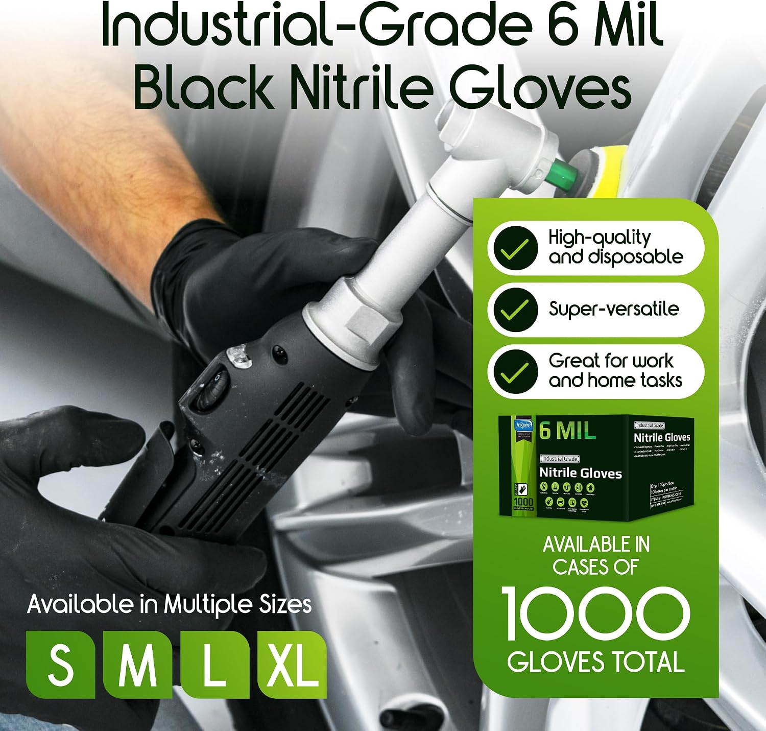 Inspire 6 or 8 Mil HEAVY DUTY Stretch Nitrile Black Gloves Disposable Latex Free