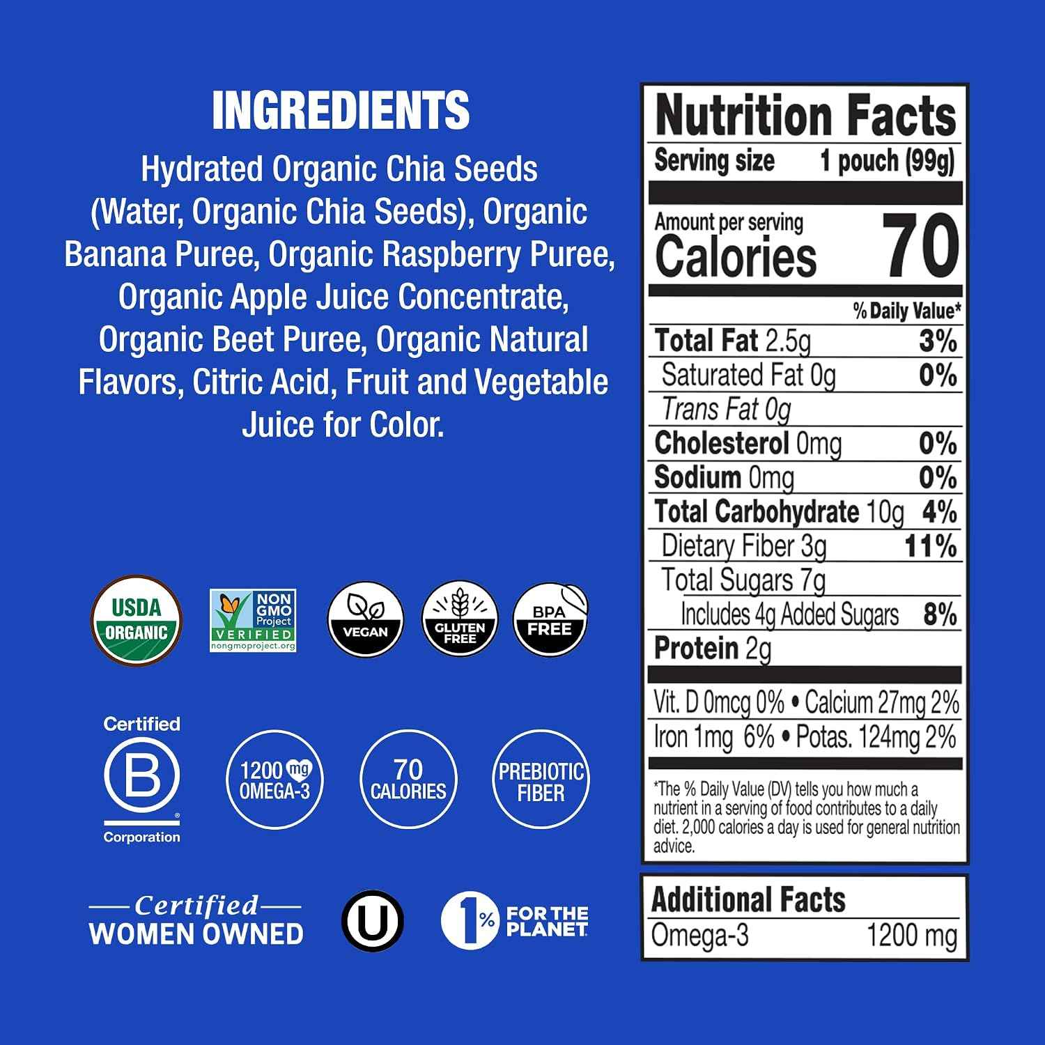 Mammachia Organic Chia Squeeze Vitality Snack, Wild Raspberry, No Added Sugar, Vegan Friendly, Kosher, USDA Certified Organic, Gluten Free & Non-GMO, 4 Count, 14 Ounce (Pack of 6)