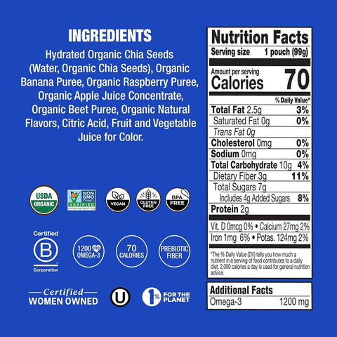 Mammachia Organic Chia Squeeze Vitality Snack, Wild Raspberry, No Added Sugar, Vegan Friendly, Kosher, USDA Certified Organic, Gluten Free & Non-GMO, 4 Count, 14 Ounce (Pack of 6)