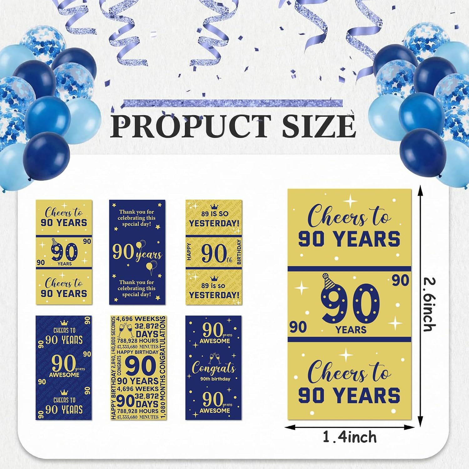 Tenare 90 Pcs 90th Birthday Candy Wrappers, Blue and Gold Stickers