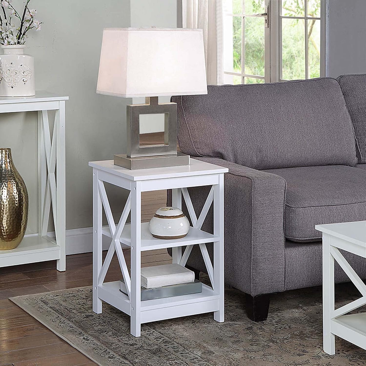 Convenience Concepts Oxford End Table 15.75" - Modern Living Room Table with Storage Shelves, Transitional Nightstand Side Table for Home Decor and Display, White