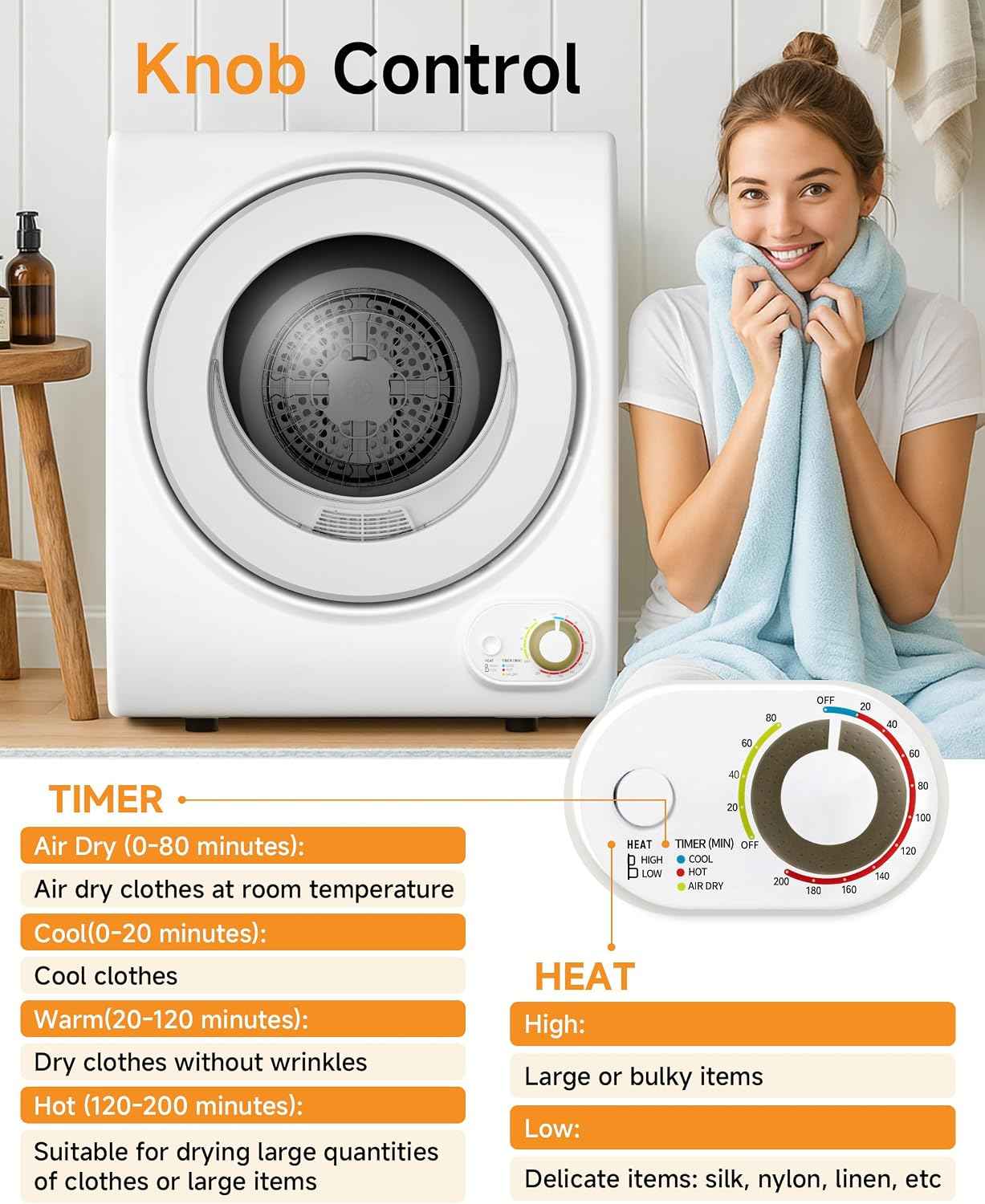 10 LBS Portable Dryer, 1.5 Cu.Ft. Portable Clothes Dryer with Knob Control, Stainless Steel Drum, Exhaust Pipe, 850W Drying Machine for Apartment, Dorm, Home, White