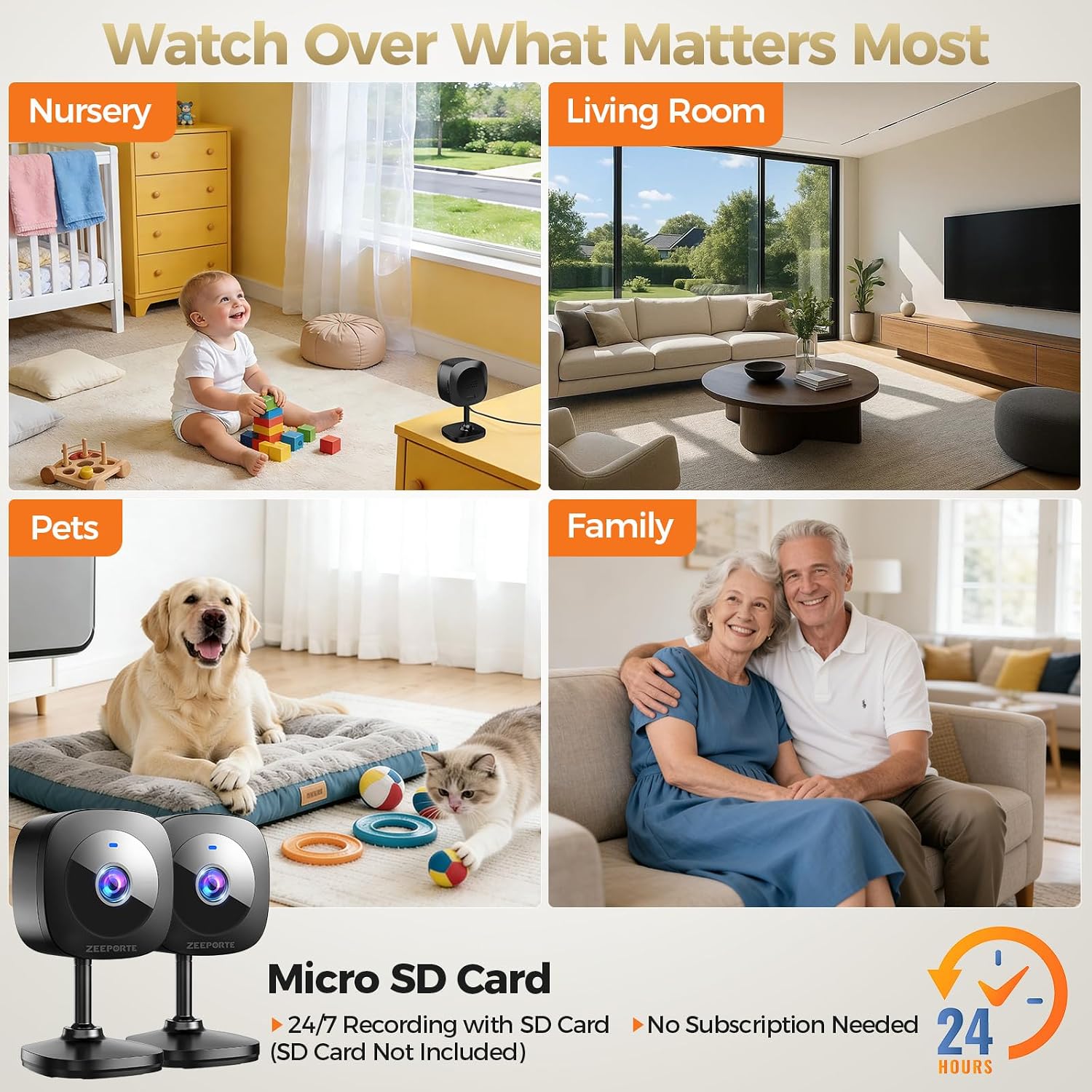 ZEEPORTE 2K Indoor Cameras for Home Security - Baby Monitor and Dog Pet Camera with Motion Detection, Night Vision, 2-Way Audio, Siren, Wired Security Camera (2-Pack)