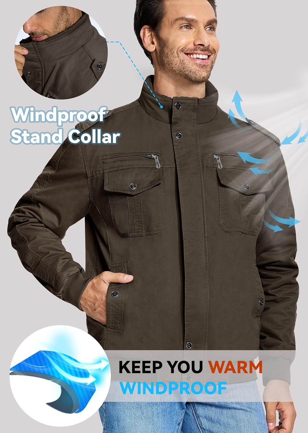 EKLENTSON Mens Winter Jacket with Multi Pockets Fleece Lined Military Coat