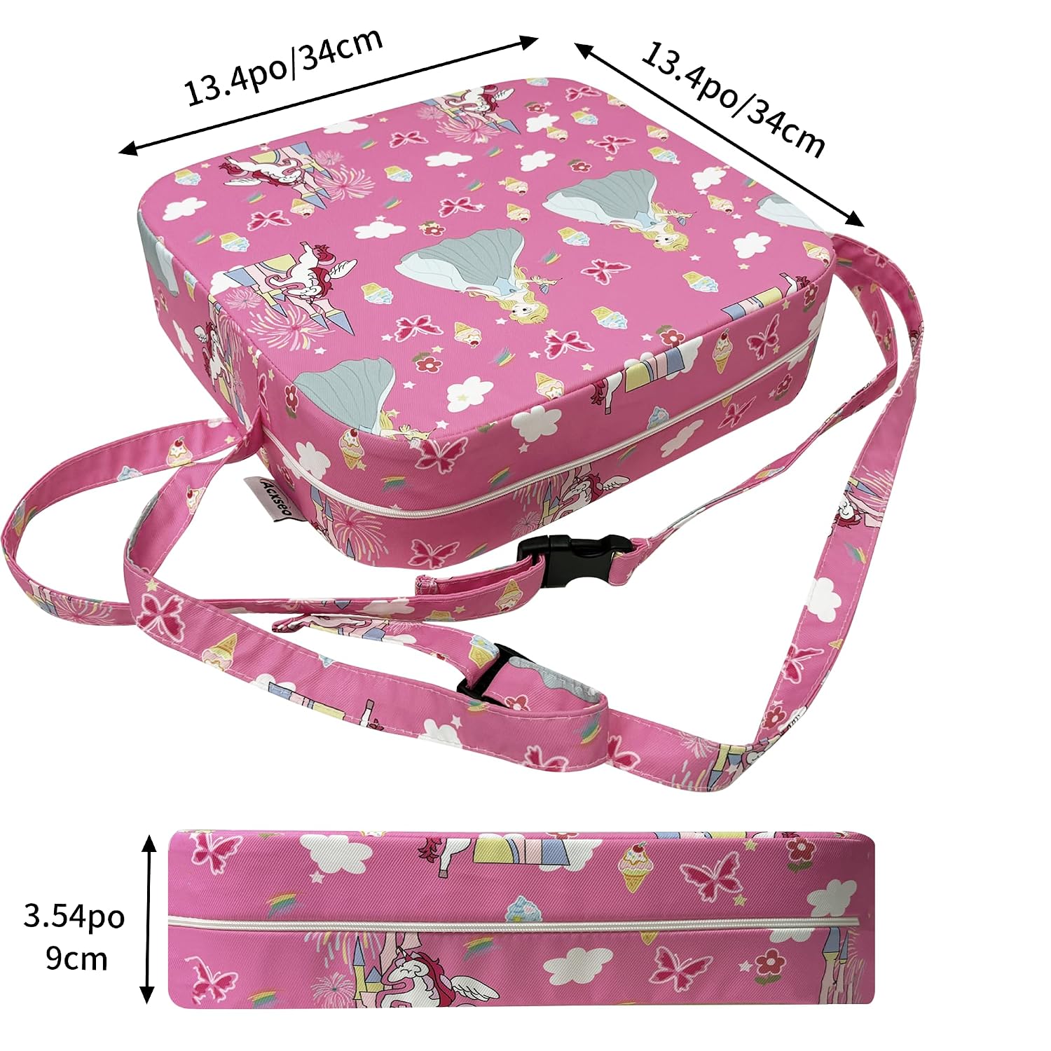 Toddler Booster Seat for Dining Table, Waterproof Kids Booster Seat for Kitchen Chair, High Density Foam Cushion with Non-Slip Bottom, Washable Cover & Adjustable Straps (Pink Castle)
