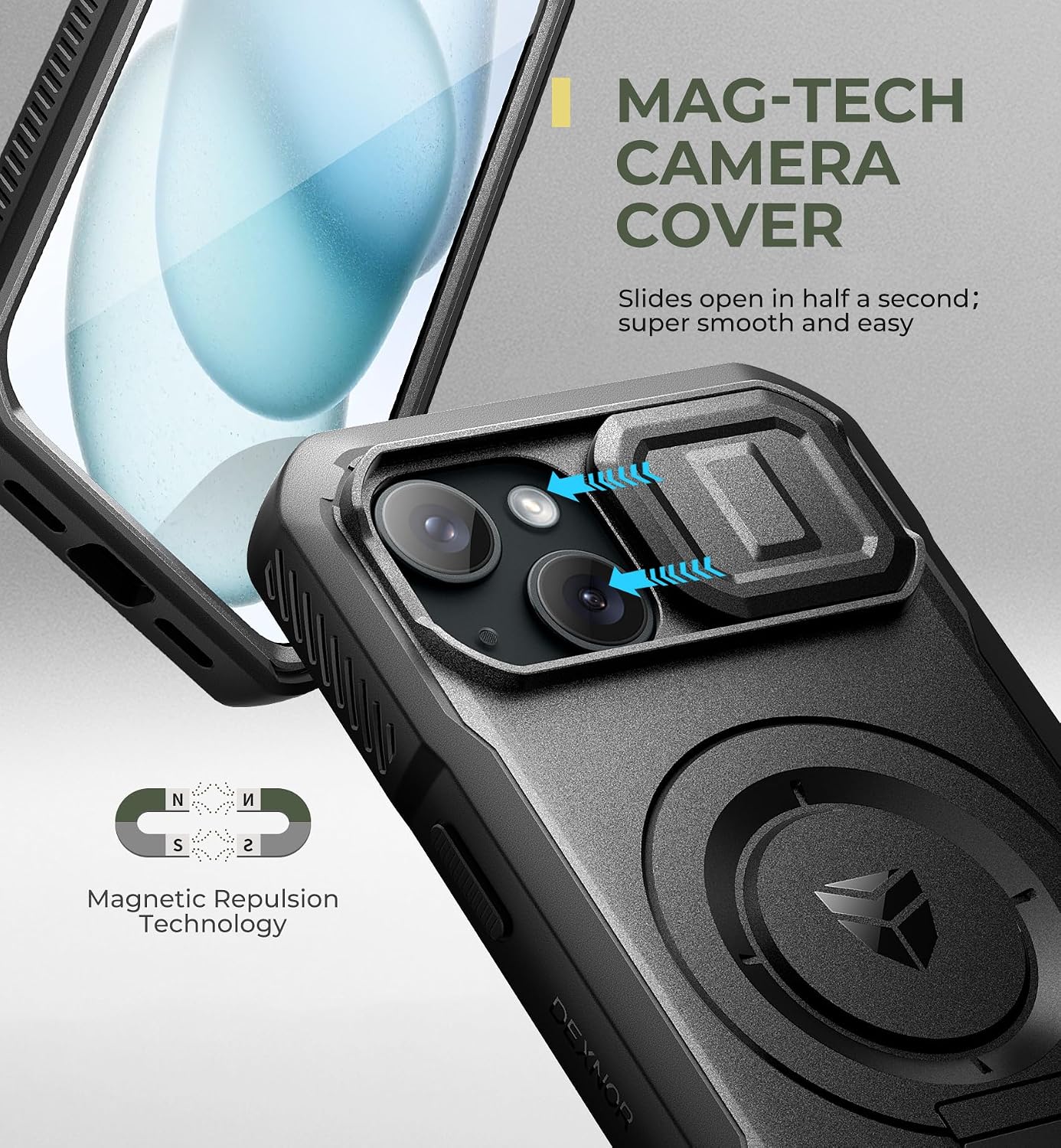 Dexnor for iPhone 15 Case with Slide Camera Cover & Adjustable Kickstand & Built-in Screen Protector, Magnetic Rugged Shockproof Bumper Cases Heavy-Duty Magnetic Protective Cover,Black