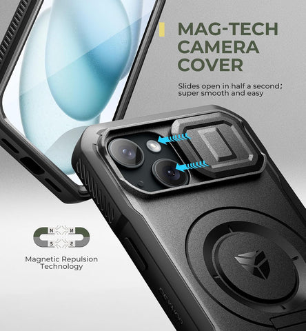 Dexnor for iPhone 15 Case with Slide Camera Cover & Adjustable Kickstand & Built-in Screen Protector, Magnetic Rugged Shockproof Bumper Cases Heavy-Duty Magnetic Protective Cover,Black