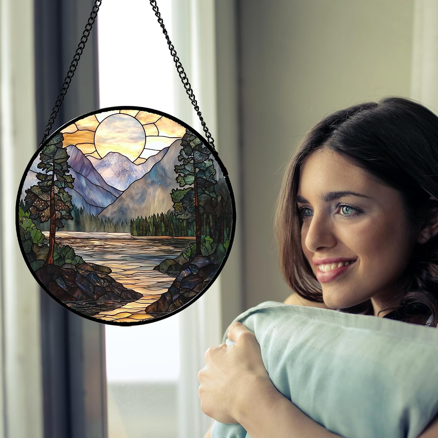 Mountain Lake Stained Glass Window Hanging Suncatcher Gifts for Women 6.3"